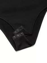Black stretchy flower one shoulder long sleeve bodysuit with snap closures at the leg openings