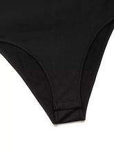 Black flower one shoulder long sleeve bodysuit with smooth stretchy fabric and clean stitching along leg openings