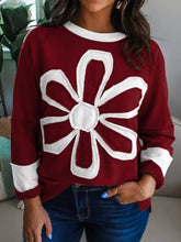 Maroon flower patched round neck long sleeve top with white embroidered flower and contrasting cuffs machine wash cold