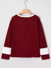 Flower patched round neck long sleeve top maroon with white ribbed crew neck and stripes at cuffs machine wash cold