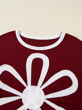 Maroon cotton flower patched round neck long sleeve top with bold white embroidery and contrasting ribbed neckline machine wash cold