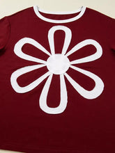 Maroon short-sleeved t-shirt with white embroidered flower and trim, flower patched round neck long sleeve top, machine wash cold