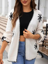 Flower pattern open front knit cardigan with black starburst embroidery