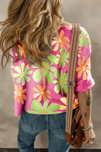 Pink flower printed boat neck half sleeve T-shirt with brown cross-body bag