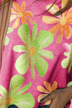 Flower printed boat neck half sleeve T-shirt in vibrant pink with green orange flowers