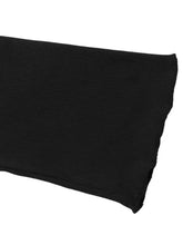 Black ribbed fabric scarf with soft textured weave paired with flower round neck long sleeve bodysuit