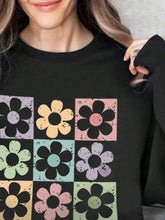 Black flower round neck long sleeve sweatshirt with pastel grid pattern