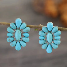 Flower shape artificial turquoise earrings with oval cluster center stone