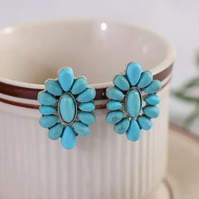 Flower shape artificial turquoise cluster stud earrings with oval center stone