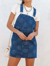 Blue denim overall dress with flower wide strap and white floral embroidery machine wash cold with pockets