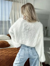 White fluffy knit cropped cardigan with long cozy sleeves