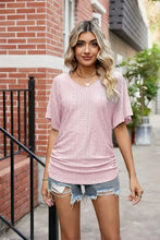 Womens pink V-neck flutter sleeve eyelet gathered top
