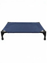 Foldable elevated pet bed with blue fabric, black plastic frame and wear resistant feet