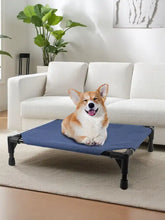 Foldable elevated pet bed with blue fabric and black metal frame