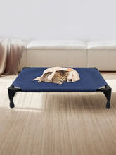 Foldable elevated pet bed with blue fabric and black metal frame