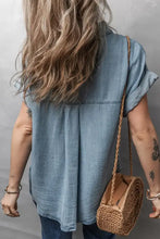 Camicia di jeans donna con tasca applicata e maniche corte piegate, top in denim