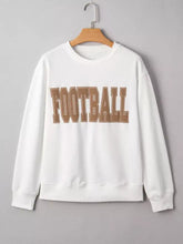 White cotton football 3d letter graphic crew neck sweatshirt with brown lettering and slightly stretchy fabric, care instructions machine wash