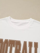 White cotton slightly stretchy sweatshirt with brown football varsity lettering care instructions machine wash