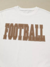 White cotton football 3D letter graphic crew neck sweatshirt with bold brown collegiate lettering, slightly stretchy, machine wash care instructions