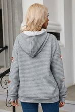 Quilted grey drawstring football long sleeve hoodie with patterned sleeve patches