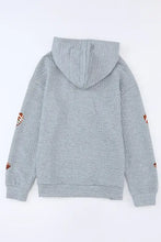 Women’s football long sleeve drawstring hoodie in heather gray with orange brown patchwork sleeves