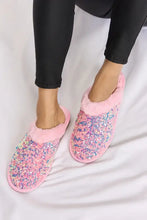 Forever Link Sequin Plush Round Toe Slippers in pink with furry cuff