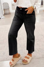 Black denim frayed cropped straight jeans with subtle distressing and a straight-leg cut for casual wear