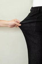 Black denim frayed cropped straight jeans with classic five-pocket design and subtle fading at the seams