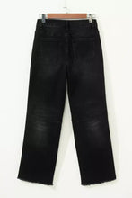 Black denim frayed cropped straight jeans with a straight-leg cut and frayed hems for casual wear
