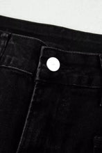 Black denim frayed cropped straight jeans with dark wash and single silver button at the waistband