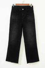 Black denim frayed cropped straight jeans with wide-leg cut and frayed hems for a stylish casual look