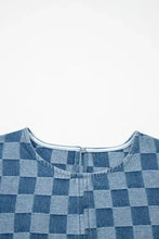 Blue and light blue checkered denim mini dress with rounded neckline and frayed hem detail