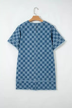 Blue and light blue checkered denim mini dress with frayed hem and sleeves in a stylish casual design