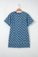 Blue denim checkered mini dress with short sleeves and frayed hem and cuffs in a casual style denim mini dress