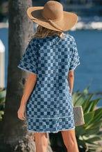 Blue and white checkered denim mini dress featuring frayed hem and sleeves in a casual style