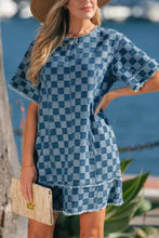 Blue and white checkered denim mini dress with frayed hem and sleeves in lightweight denim material