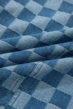 Denim mini dress with frayed hem in checkered diamond pattern featuring varying shades of blue denim fabric
