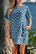 Blue and white checkered denim mini dress with frayed hem and sleeves featuring a stylish frayed hem detail