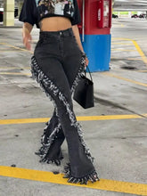 Black high waist flare jeans with frayed hem and raw hem detailing for a stylish casual look