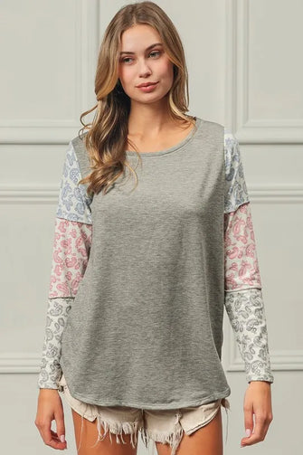 French Terry Paisley Triblend Color Block Long Sleeve Top H GREY