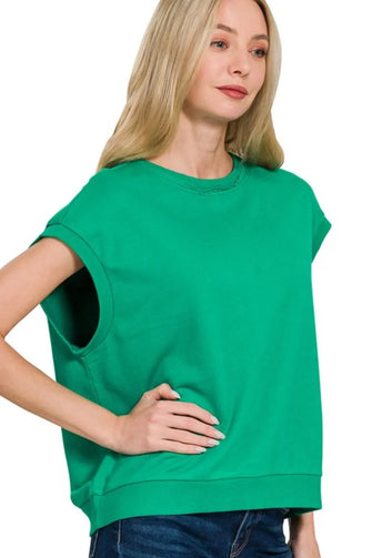French Terry Round Neck Cap Sleeve Green T-Shirt for Women K GREEN
