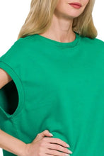 French Terry Round Neck Cap Sleeve Green T-Shirt for Women