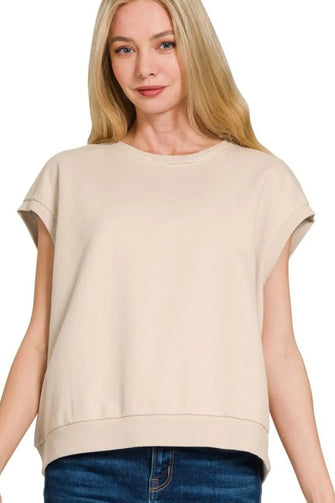 French Terry Round Neck Cap Sleeve T-Shirt for Women SAND BEIGE