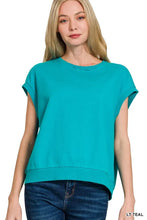 French Terry Round Neck Cap Sleeve T Shirt in Teal LT TEAL