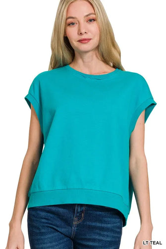 French Terry Round Neck Cap Sleeve T Shirt in Teal LT TEAL