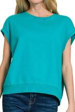 French Terry Round Neck Cap Sleeve T Shirt in Teal Woman T Shirts