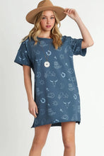 French Terry Short Sleeve Dress with Cowboy Print Peacock Blue