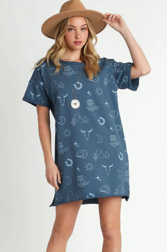 French Terry Short Sleeve Dress with Cowboy Print Peacock Blue