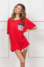 French Terry Top with Dolman Sleeves and American Flag Pocket Woman T Shirts
