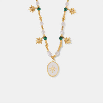 Freshwater Pearl and Titanium Steel Necklace with Star and Bead Accents Gold One Size
